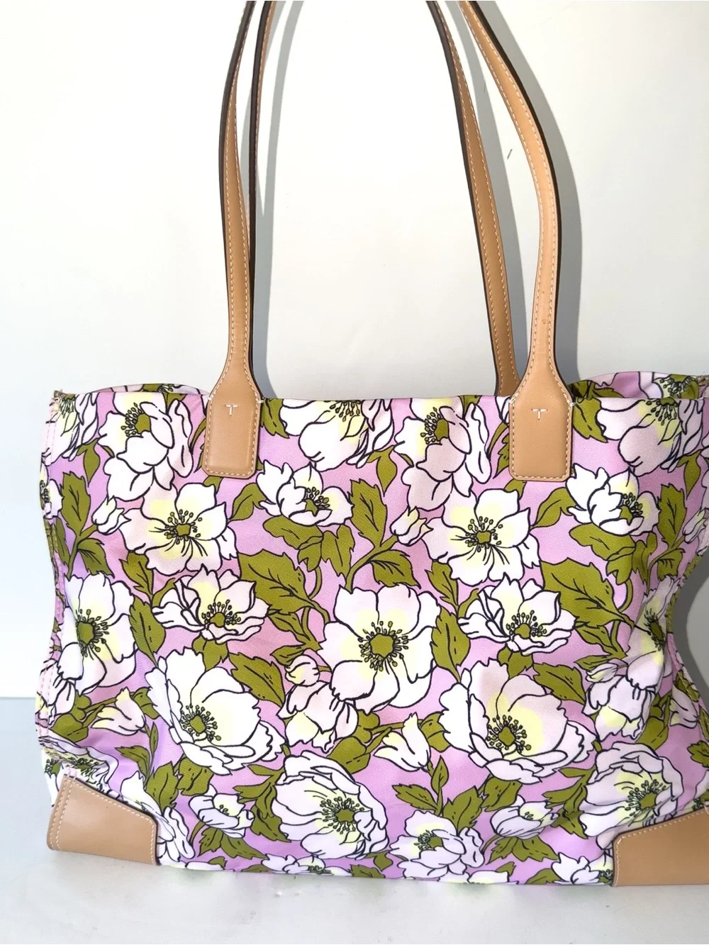 Tory Burch Ella Pink Floral Print Tote with Tan Leather Logo Laptop Sleeve